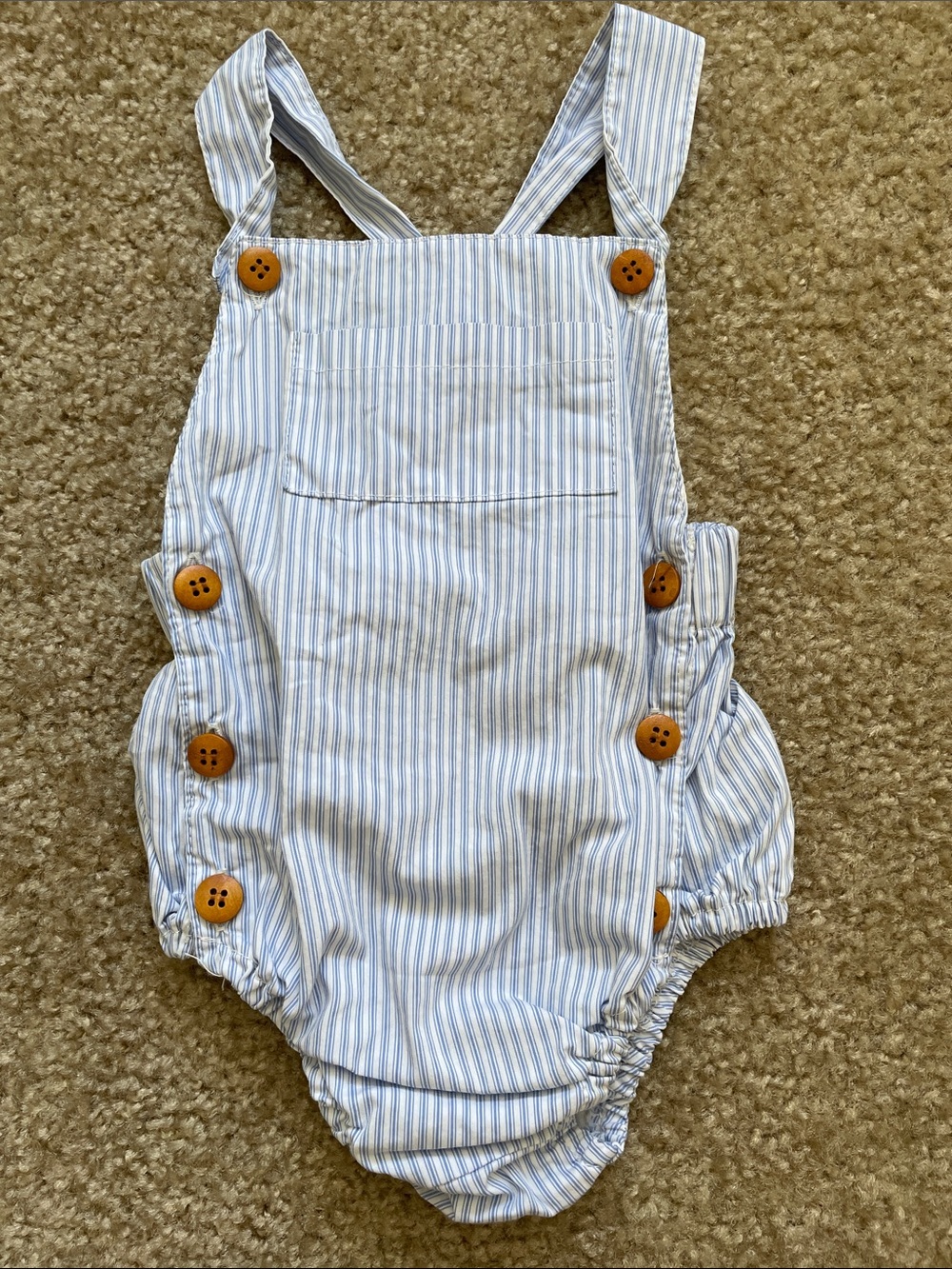 Striped Baby Overalls Romper in Light Blue and White